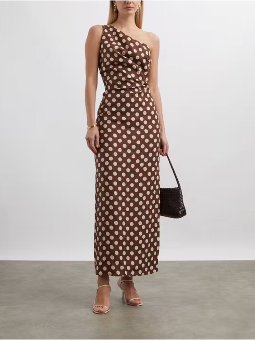 NWT FAITHFULL the Brand Simona One Shoulder Polka Dot Maxi Linen Dress Brown